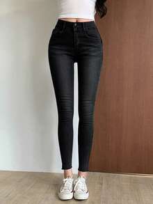 DAZY 女式纯色黑色休闲牛仔裤 - 黑色 - 查看 4