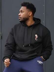 Heavens Edit 男士休闲街头鲤鱼莲花印花口袋抽绳连帽衫，保暖内衬，秋冬季长袖上衣 - 黑色 - 查看 6