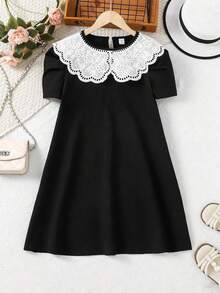 Sparklyn 少女休闲优雅可爱泡泡袖A字连衣裙，圆领蝴蝶结领口，绿色，适合春、夏、秋季、户外活动、上学、度假穿着 - 黑色 - 查看 7