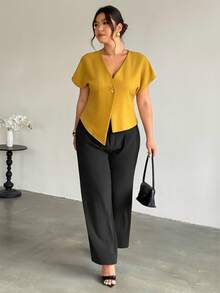 Firerie Camisa casual de manga corta con cuello en V y botones de unicolor para tallas grandes - Amarillo - View 5