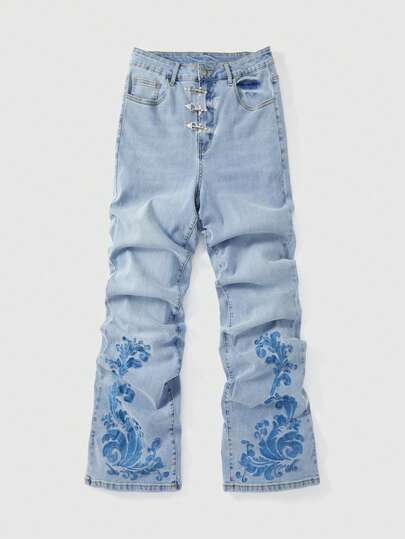 ROMWE MEN Jeans casuales con pliegues y estampado floral con bolsillos para hombre