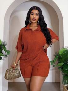 Slaydiva Bộ đồ 2 món mùa Xuân/Hè mới: Áo thun cổ bẻ dáng rộng với tay áo xắn lên và quần short ôm sát, chất liệu vải dệt kim co giãn, thích hợp mặc thường ngày/đi biển/thể thao, cỡ lớn - Màu nâu, trang phục mùa hè. - Rỉ Nâu - Xem 6