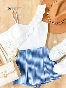 GlowEve Petite 女士撞色单肩上衣和蓝白短裤两件套，休闲度假装，春夏款 - 彩色 - 查看 3