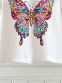 Baby Girl Casual Minimalist Short Sleeve Round Neck Top, Suitable For Summer, Faux Sequins Butterfly Print, Sweet & Cute, Suitable For Parties & Casual Wear - Multicolor - View 4