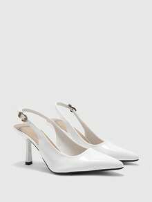 CUCCOO BIZCHIC Women's Pointed Toe White Patent Leather Backless Metal Buckle Strap Fashion Slip-On Pumps, Elegant For Commuting - White - View 7