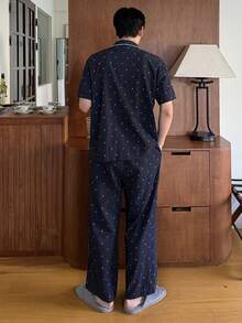 DAZY Men's Polka Dot Floral Print Shirt And Pants Pajama Set, Spring/Summer - Blue - View 2