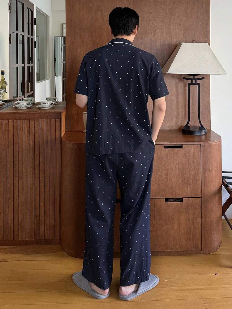 Men's Polka Dot Floral Print Shirt And Pants Pajama Set, Spring/Summer