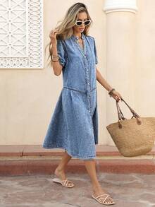 Selianne Women's Casual Vacation & Commute Notch Neck Pleated Loose Denim Dress, Summer - Medium Wash - View 3