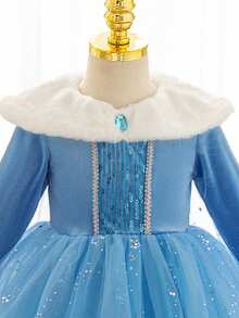 SHEIN Glamorique Kids 女童公主裙，蓝色公主裙，白色毛领，长袖，亮片，披肩，生日派对，婚礼，节日，舞会礼服，优雅正式礼服 - 水鴨藍 - 查看 4