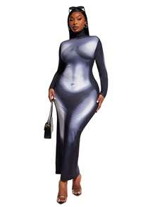 SHEIN SXY 大码时尚性感印花高领修身长裙 - 彩色 - 查看 7