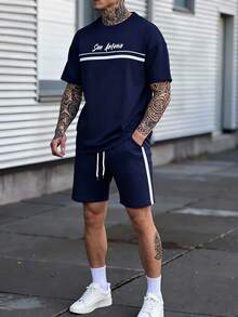 HIMLAND 男士休闲通勤时尚印花T恤套装 - 藏蓝色 - 查看 4