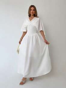 Aloruh Apricot V-Neck Flowy Elegant Romantic Vacation/Date Dress - Apricot - View 6