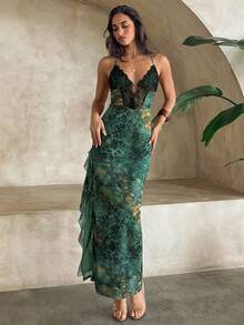 Aloruh Đầm dài xẻ tà xếp tầng, họa tiết bướm và lưới, phối ren, dành cho nữ, thích hợp cho kỳ nghỉ xuân/hè. - Nhiều màu - Xem 5