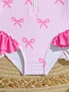 Sparklyn 女婴可爱弹力粉色撞色蝴蝶结印花荷叶边长袖两件套泳衣带帽子 - 粉色 - 查看 7