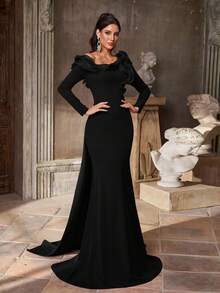 Aureia 优雅、浪漫、端庄、酒红色、弹力面料、欧根纱拼接、多层荷叶边、内置胸罩、鱼尾裙摆、拖地、时尚、节日、生日派对、婚礼、正式晚宴礼服 - 黑色 - 查看 6