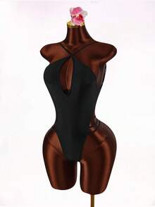 Amplova 一件式女士性感露背挂脖连体泳衣，带钢圈，适合度假和日常穿着 - 黑色 - 查看 2