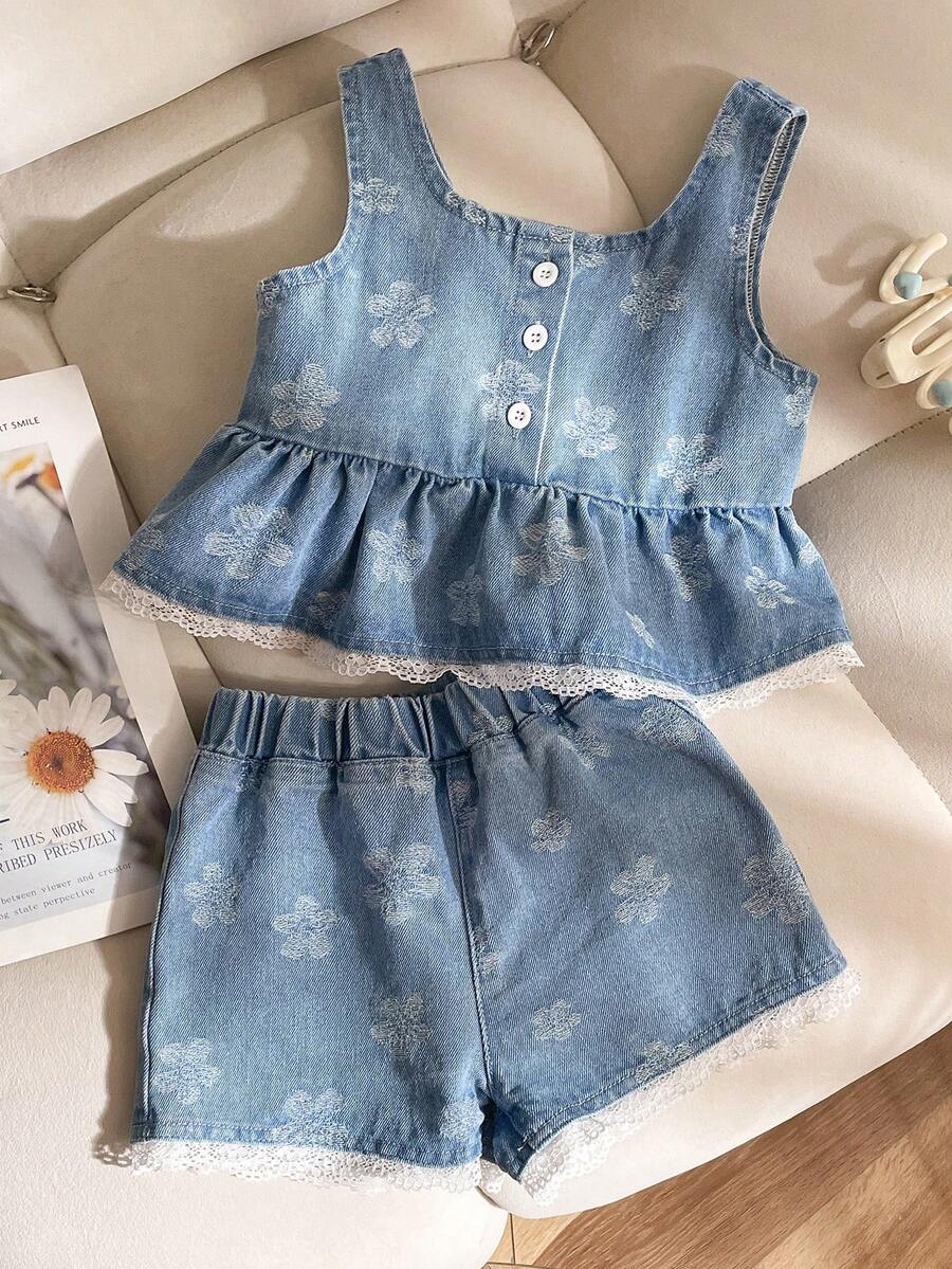 SHEIN 2pcs Set Denim untuk Anak Perempuan, Atasan Rompi Denim Motif Bunga dan Celana Pendek - Biru - View 1
