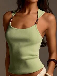 Athîral Women's Casual Off-Shoulder Fitted Light Green Knit Top, Spring/Summer - Green - View 4