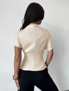 Firerie Crinkle Collar Asymmetric Sleeve Side Ruched Waist Slim Fit Apricot Bamboo Linen Fabric Blouse For Women, All Season - Beige - View 3