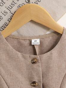 SHEIN Young Girl Commuter Casual Solid Woven Sleeveless Crew Neck Top And Straight Leg Pants Set, French Chic Elegant Formal - Khaki - View 6