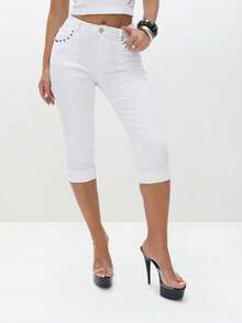 BABYPHAT Women's White Stretch Denim Capri Jeans With Turn Up Hem Cuffs And Cat Embroidery Detail High Rise Cropped Summer Pants - White - View 2