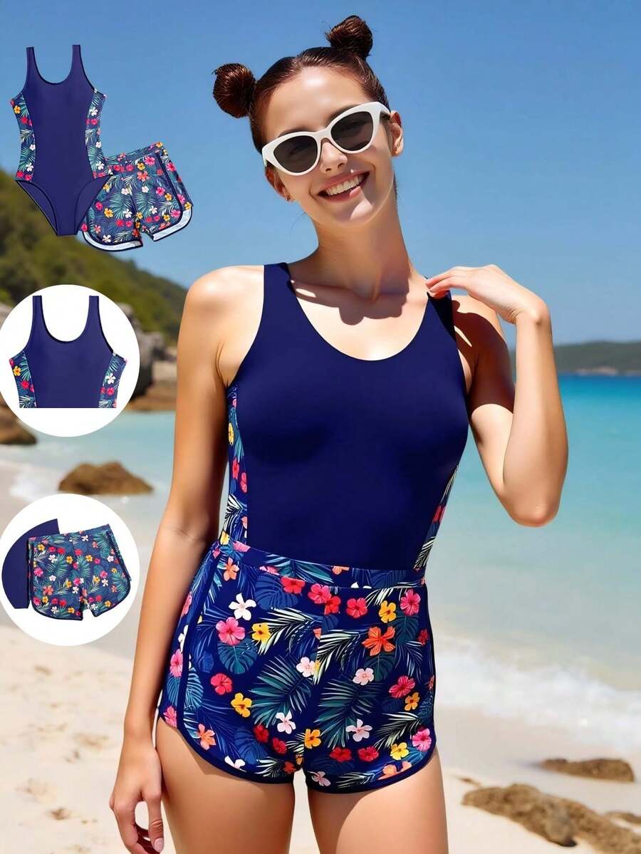 SHEIN 少女连体泳衣，黑色碎花连体泳裤，时尚休闲优雅淑女风设计，适合游泳、度假、夏季海滩、泳池等场合。 - 藏蓝色 - 查看 1