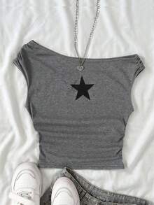 SHEIN Áo thun nữ tuổi teen dáng ôm thoải mái, vai lệch, in hình ngôi sao. - Màu xám đen - Xem 4