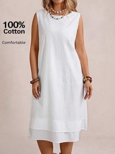 Freevana Plus Size Solid Color Sleeveless Round Neck Midi Dress,Beach Dress Sundress,Holiday Outfits Boho