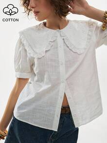 Poéselle 女士棉质刺绣超大领棉质衬衫，泡泡袖镂空纽扣夏季上衣，超大领衬衫，英式刺绣上衣，泡泡袖衬衫，白色夏季衬衫，田园风，蕾丝领口装饰衬衫，浪漫复古休闲可爱度假风纯色彼得潘领泡泡袖衬衫，春夏女士白色彼得潘领衬衫 - 白色 - 查看 2