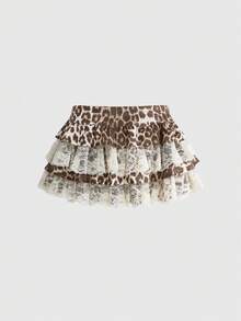 ROMWE Grunge Punk Y2K Retro Leopard Print Lace Patchwork Low Waist Mini Skirt For Women - Khaki - View 2