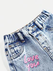 SHEIN Baby GirlPink Heart Pattern Loose Straight Leg Blue Denim Pants - Blue - View 3