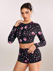 plantica 2pcs Casual Sexy Urban Chic Floral Print Velvet Crop Top And Shorts Set, Suitable For Outings, Travel, Dates, Parties, Festivals, Valentine's Day, Spring/Summer,Going Out,Sexy, Elegant,, Wedding Guest, Music Festival, Musician, Night Club - Multicolor - View 4