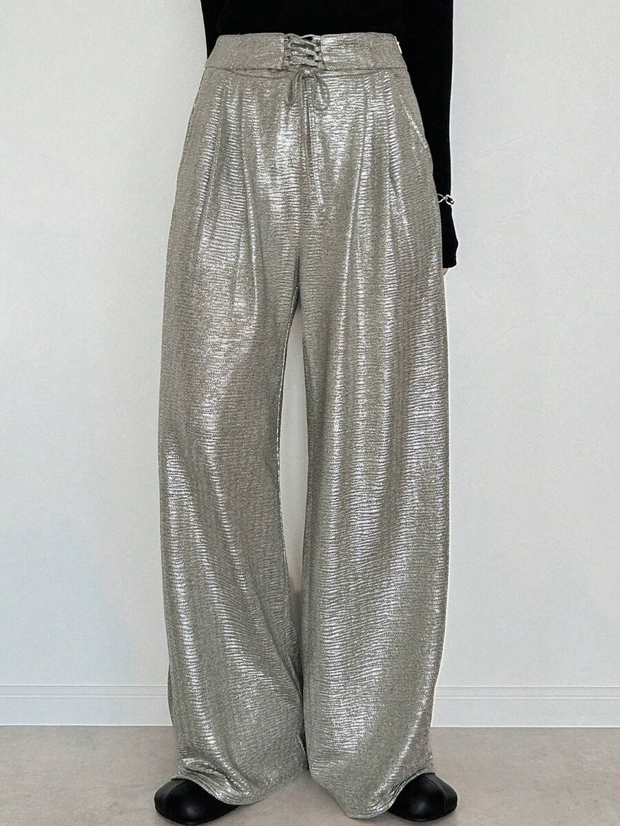 FRIFUL Women's Fashionable Commuter Metallic Wide Leg Pants - Gold - View 1