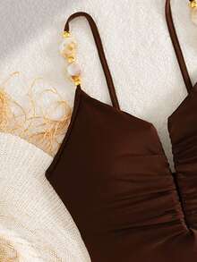 Swim Chiccia 女士优雅可调节串珠肩带连体泳衣，修身性感，适合海滩、海岛、度假村和休闲场合 - 咖啡棕 - 查看 3