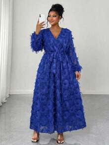 Reflora 大码女式V领交叉腰部打结流苏设计长袖连衣裙，时尚百搭，适合约会和派对 - 藏蓝色 - 查看 1