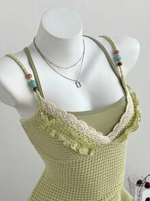 Elamini 女士休闲深V领荷叶边镂空不规则荷叶边下摆抽绳系带连衣裙 - 綠色 - 查看 1