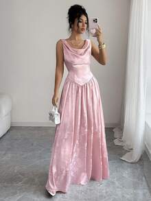 Elenzga Sleeveless Draped Neck Cinched Waist A-Line Satin Jacquard High-Gloss Fabric Light Pink Tie Waist Slimming French Elegant Vacation Dress For Women, Spring/Summer - Pink - View 1