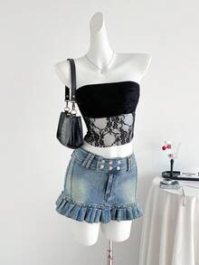 Elamini 女士时尚牛仔裙，纽扣腰部设计，荷叶边裙摆 - 藍色 - 查看 3