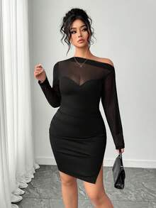 Elenzga 新款春夏不对称肩部亮面网纱拼接开衩修身性感女装 - 黑色 - 查看 5