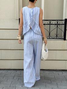 Siren Gaze 女士条纹荷叶边吊带背心和阔腿裤休闲两件套 条纹翻领无袖长裤睡衣套装 女士条纹睡衣 蓝白条纹睡衣 夏季女士睡衣 女士睡衣套装 家居服套装 女士舒适优雅细节 女士秋季条纹睡衣套装 宽松圆领上衣 松紧腰裤 可作外衣家居服套装 时尚气质 Y2K 露背低腰宽松直筒阔腿蓝色套装 - 彩色 - 查看 7