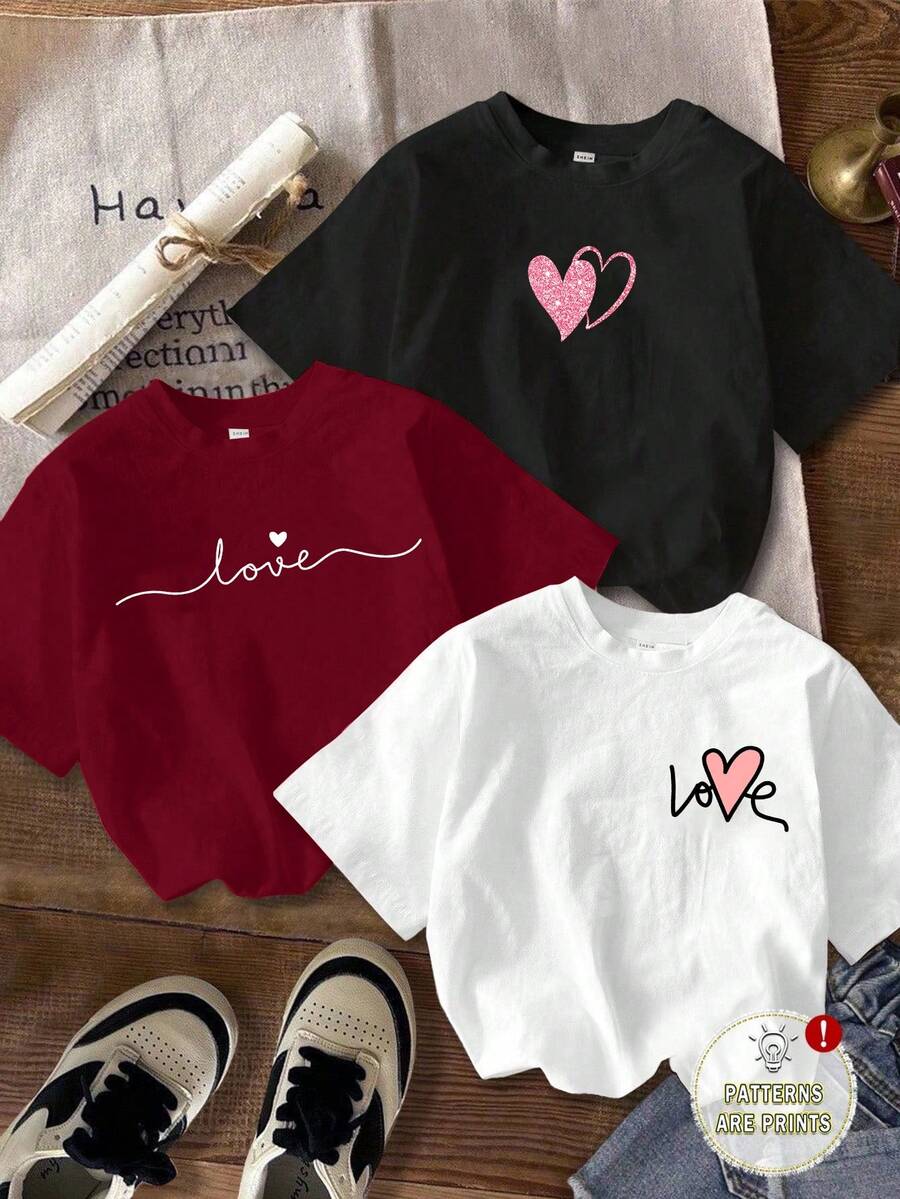 Attitoon Conjunto de 3 camisetas femininas casuais minimalistas com estampa de coração, gola redonda, manga curta e modelagem cropped justa. - Multicolorido - Ver 1