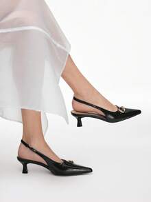 Mnmlis 女士尖头金属装饰时尚日常通勤高跟鞋 - 黑色 - 查看 11