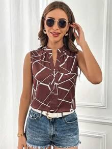 SHEIN Essnce Women's Geometric Print V-Neck Sleeveless Casual Shirt - Brown - View 4