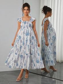 Momance 孕妇时尚碎花荷叶袖连衣裙 - 彩色 - 查看 3