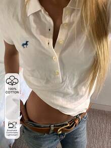 DAZY 女士宽松休闲 Polo 领 T 恤，适合春夏、约会、办公穿着 - 白色 - 查看 1