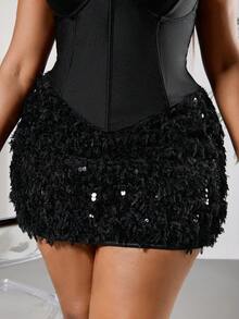 SHEIN PETITE CURVE 大码女式纯色仿毛皮拼接紧身性感时尚连衣裙 - 黑色 - 查看 5