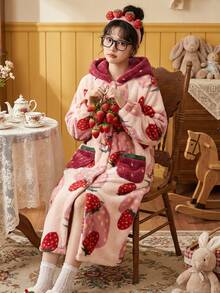 1pc Strawberry Print Hooded Fleece Bathrobe, Long Sleeve Warm Thick Button Closure Loungewear With Pockets, Women Sleepwear For Home, Bathroom, Spa, Salon, Hotel, Gym, Autumn - Multicolor - View 4