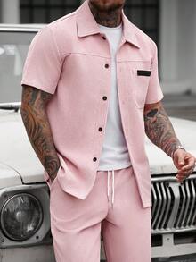 Manfinity CasualCool 男士夏季纯色灯芯绒短袖衬衫和裤子休闲套装，男士白色两件套裤装，男士白色两件套服装，男士两件套休闲西装，男士套装，男士两件套服装，适合周末旅行、户外活动、探险旅行、轻松的工作环境或半正式场合，可作为男友/丈夫礼物、周年纪念/生日礼物、派对、暑假、新年、婚礼、情人节礼物，粉色套装 - 粉色 - 查看 6