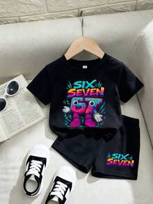 SHEIN 2件套婴儿幼儿男女通用0-3岁男婴女婴字母印花短袖上衣和短裤套装，舒适休闲日常基本款服装，适合室内、室外、日常、运动、玩耍、聚会、摄影、度假等场合。 - 黑色 - 查看 3