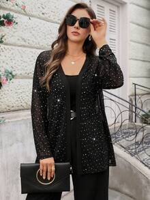 EMERY ROSE Chaqueta negra de manga larga para mujer de talla grande, blusa negra con strass para otoño/verano/vacaciones, blusas negras para mujer elegantes y brillantes, abrigo de primavera/verano para mujer - Blanco y Negro - Ver 3